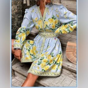 Yellow & blue floral midi dress